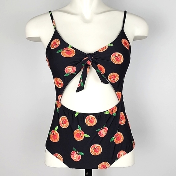 Eidon SGS Sports One Piece Cut Out Bathing Suit Black Peaches Print Size Small - Picture 1 of 15